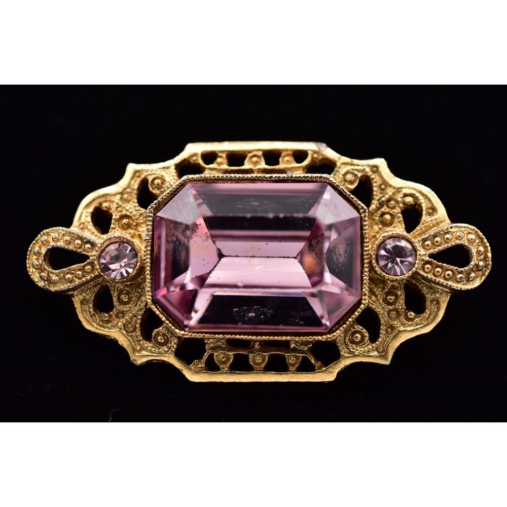 1928 Vintage Lavender Crystal Pin Brooch Baguette Pink Rhinestone Gold BinBP